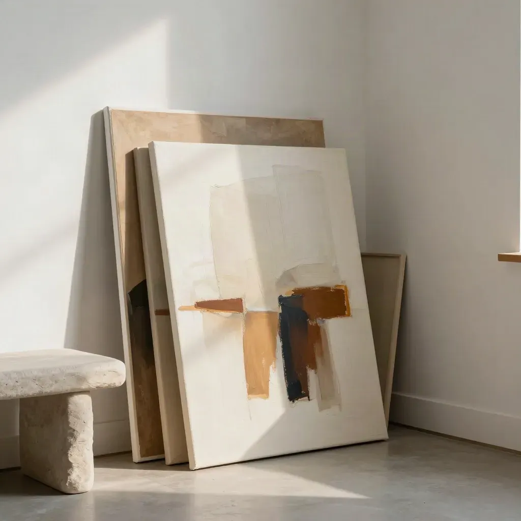 Leinwände lehnen in einer Galerie-Ecke neben einem verpackten Werk und einer Steinbank.