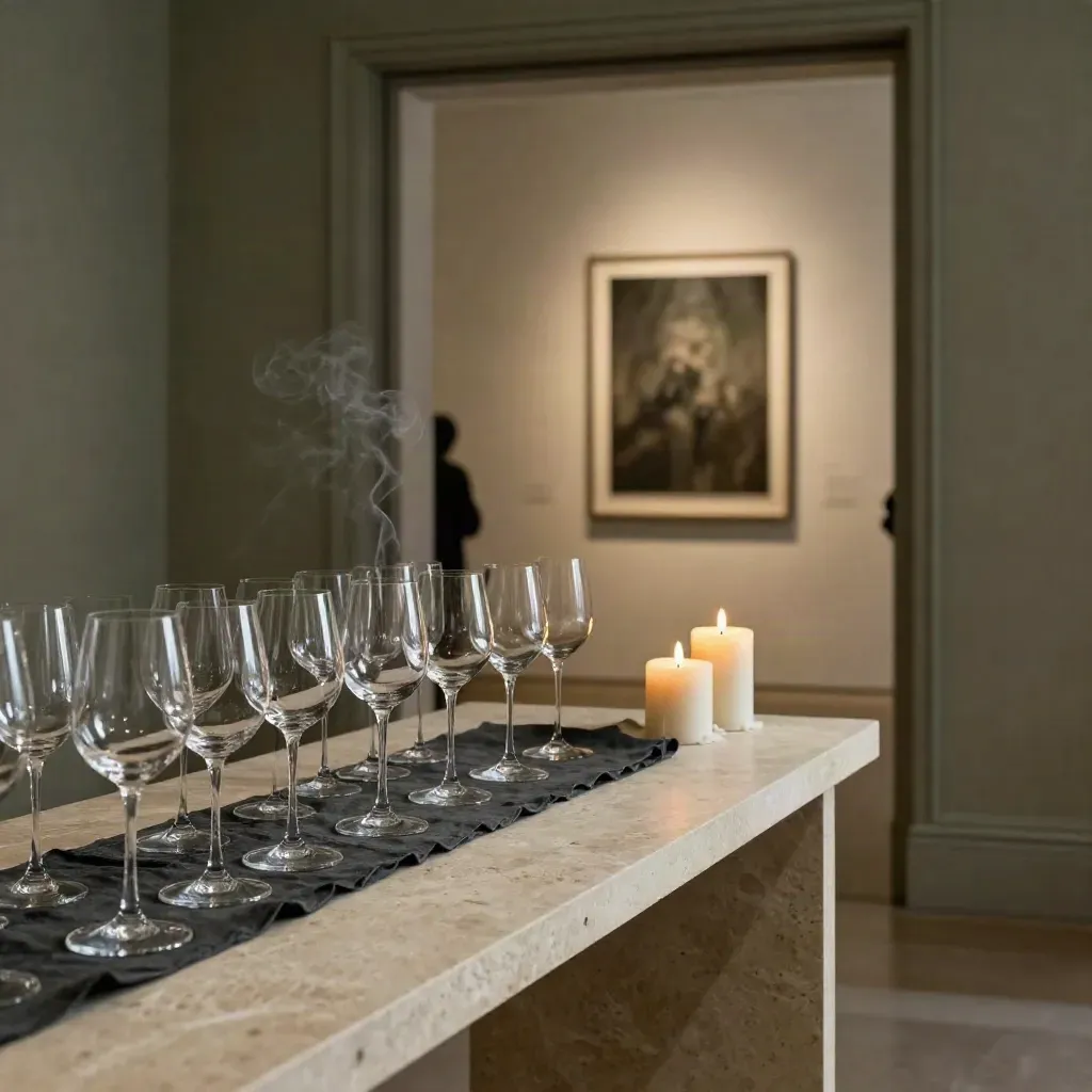Galerieraum mit Kerzen, Sektgläsern und beleuchtetem Kunstwerk zur Vernissage
