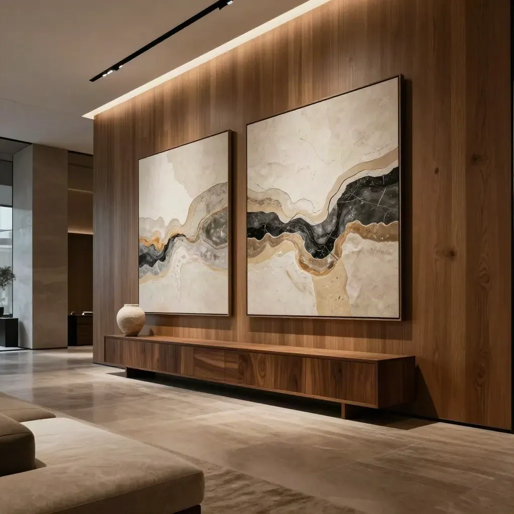 Moderne Lobby mit abstrakter Kunst über Sideboard und Sitzbank im Galerie-Look.