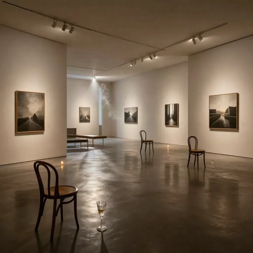 Leerer Galerieraum nach der Vernissage mit beleuchteten Werken, Stühlen und Glasreflexen im Dunkel.