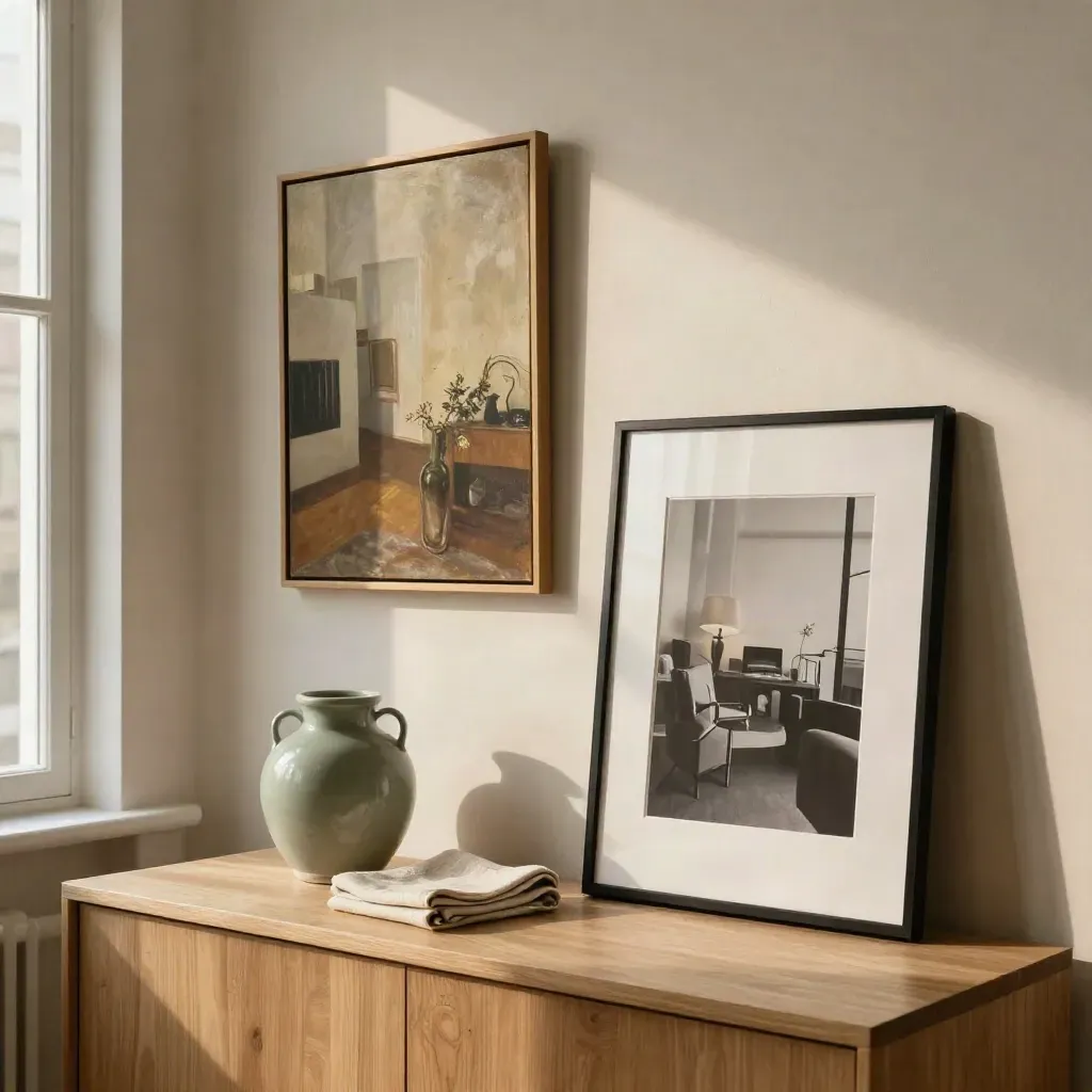 Hamburger Wohnungs­ecke mit neuem Bildpaar, Sideboard, Vase und sanftem Fensterlicht