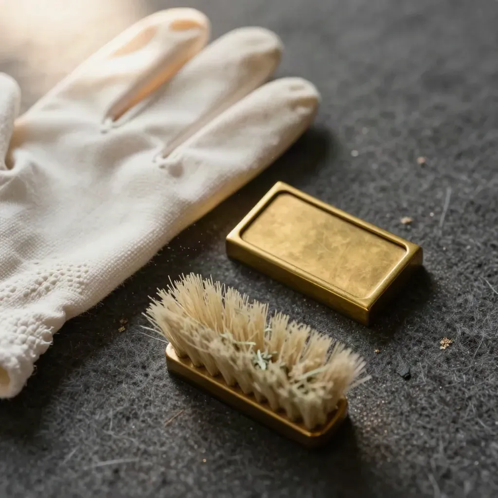 Makro von Baumwollhandschuhen, blankem Messingschild und Staubbürste auf dunkler Wolle.