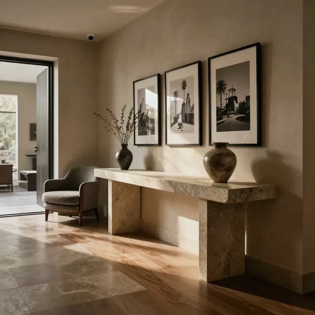 Hotelfoyer mit Fotoreihe über Steinkonsole, Sessel und hoher Vase im warmen Seitenlicht.