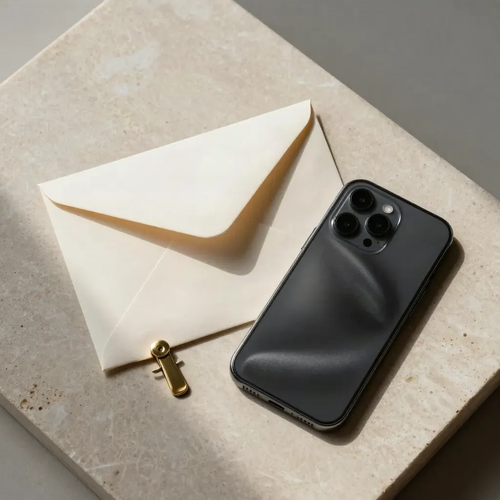 Verschlossener Umschlag, Smartphone und Messingclip auf hellem Stein von oben.