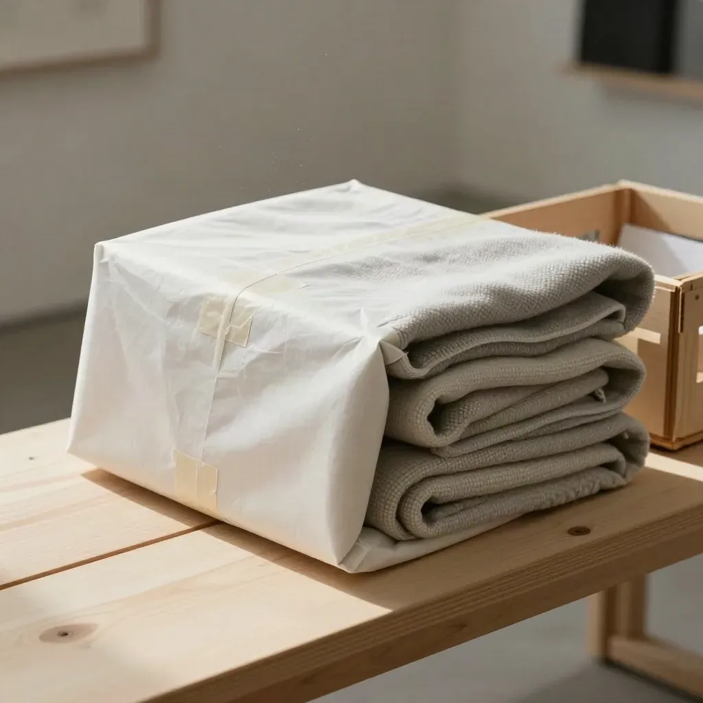 Verpacktes Kunstwerk, Schaumkanten und Packdecke auf einer hellen Werkbank im Galerieraum.