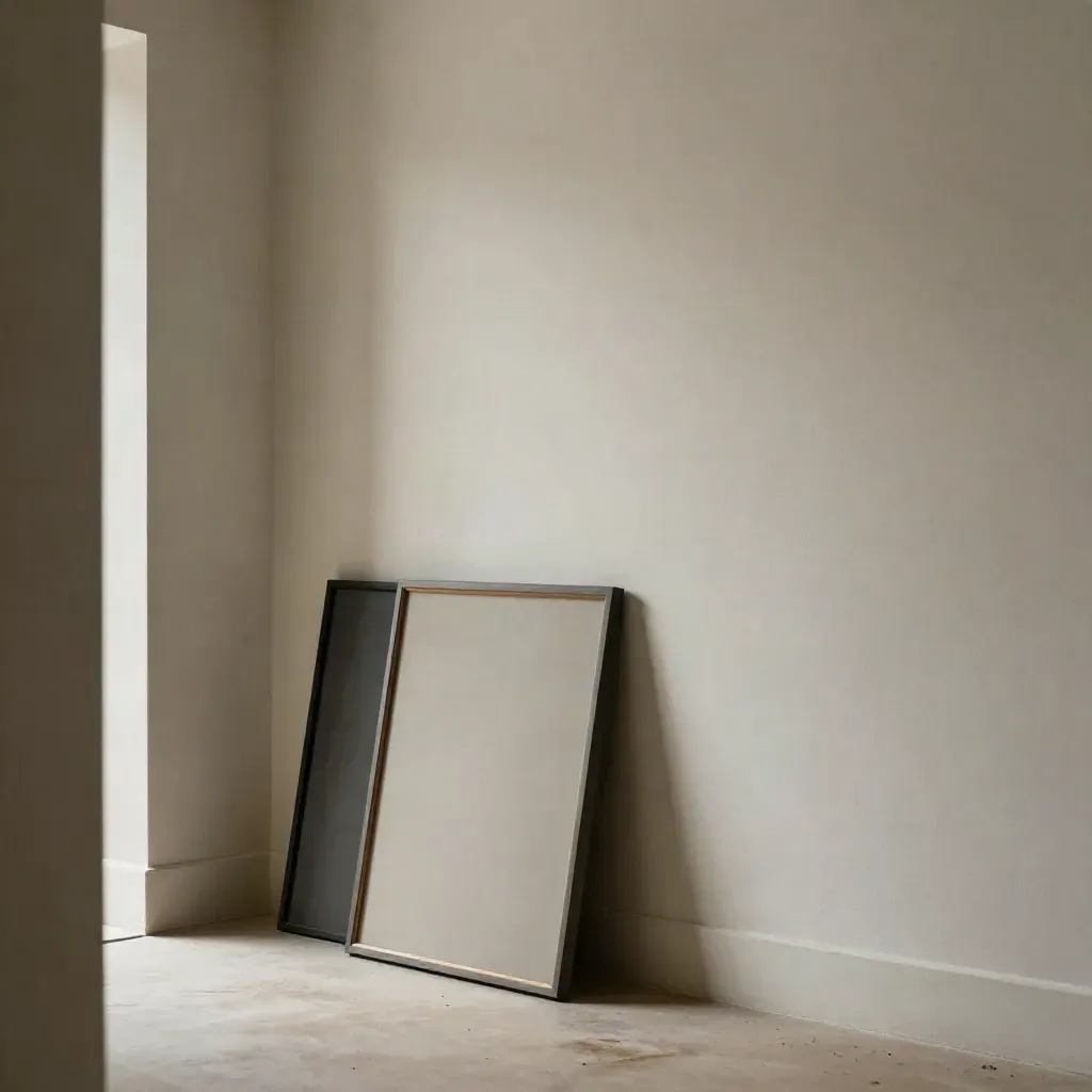 Plasterwand-Ecke mit zwei Bilderrahmenmustern und Türkante im weichen Seitenlicht