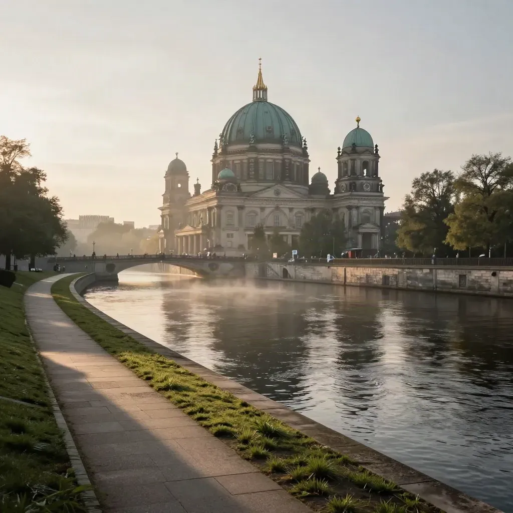 Berliner Spreeufer mit Dom und Museumsinsel im goldenen Morgennebel.
