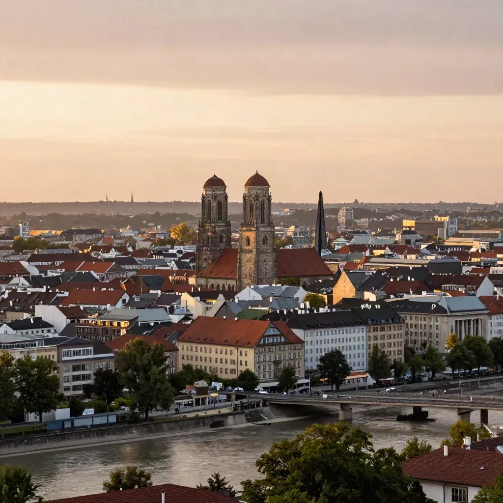 Münchner Skyline bei Sonnenuntergang mit Frauenkirche und Isar im goldenen Licht