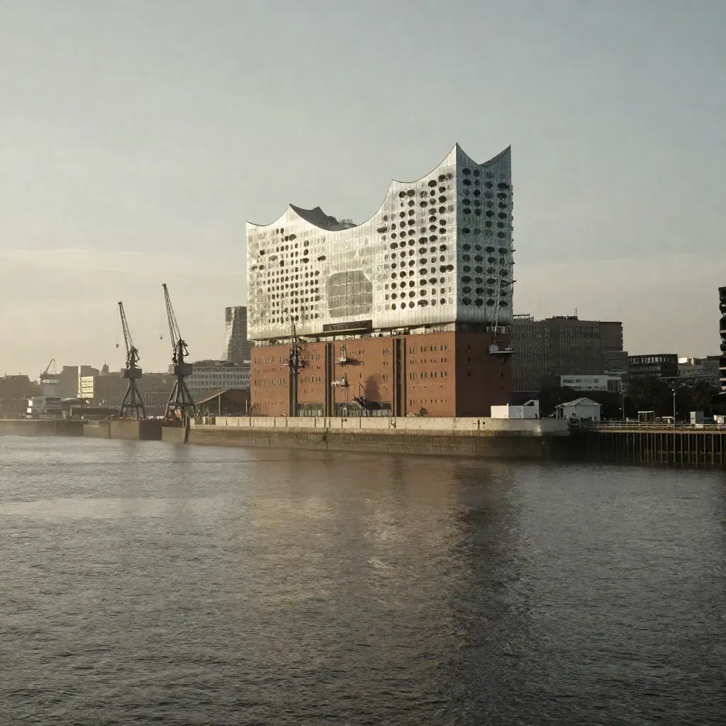 Hamburger Hafen mit Elbphilharmonie im warmen Dunst, ruhige Wasserfläche unten für Text