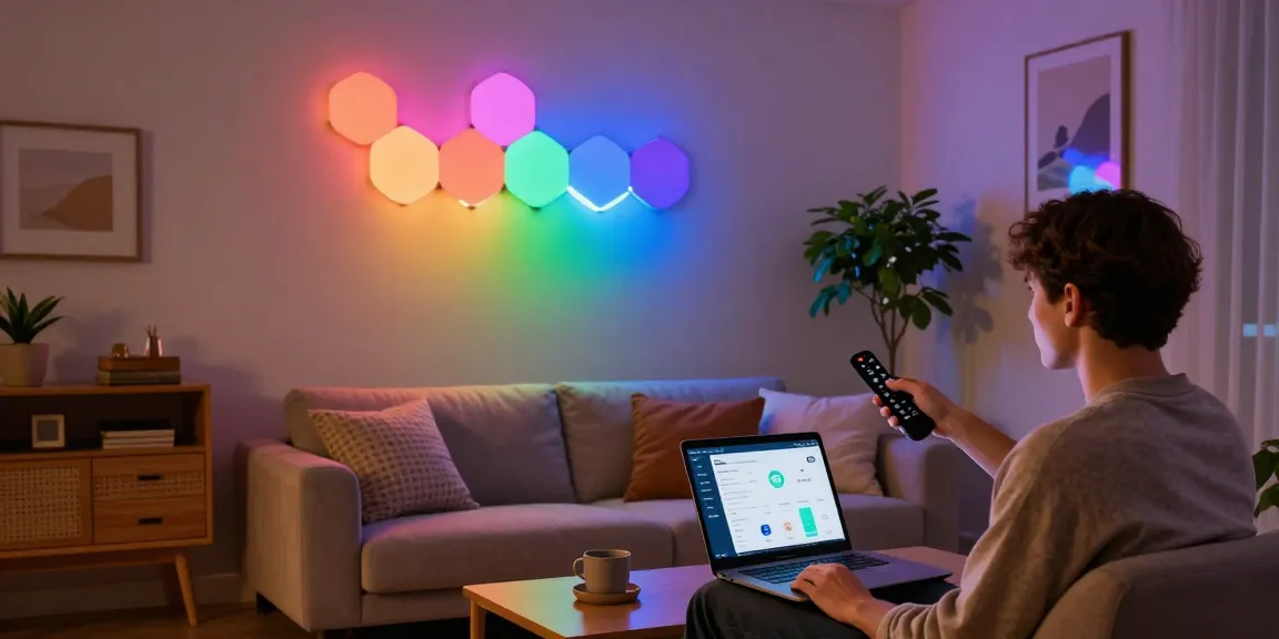 Nanoleaf Lines Erfahrungen showcased in a vibrant living room with dynamic RGB lighting.