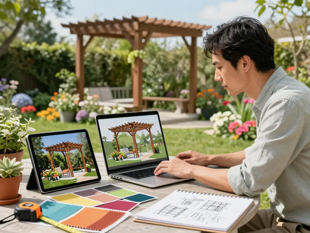 Designer verwenden Software für Pergola-Installateure, um eine individuelle Pergola in einer lebhaften Gartenumgebung zu visualisieren und zu erstellen.