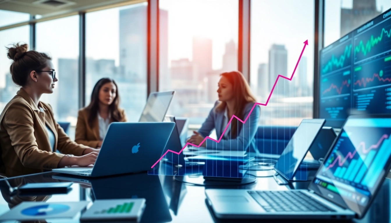 Analysing Internet Trends with data graphs in a modern office environment.