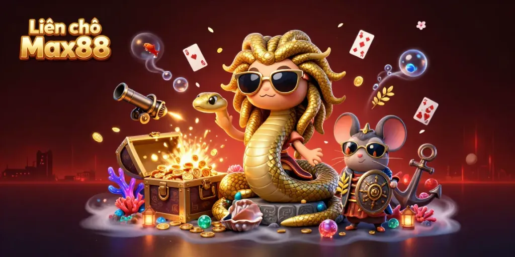Engage with Liên hệ Max88 through friendly characters in a vivid casino-themed underwater fantasy scene.