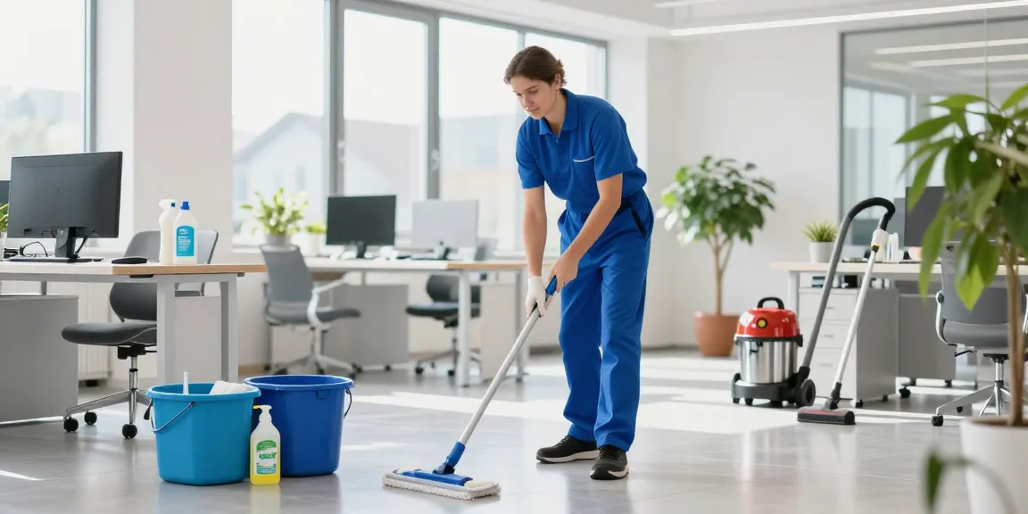 Professional cleaner performing gebaeudereinigung solothurn in a bright, modern office space with eco-friendly products.