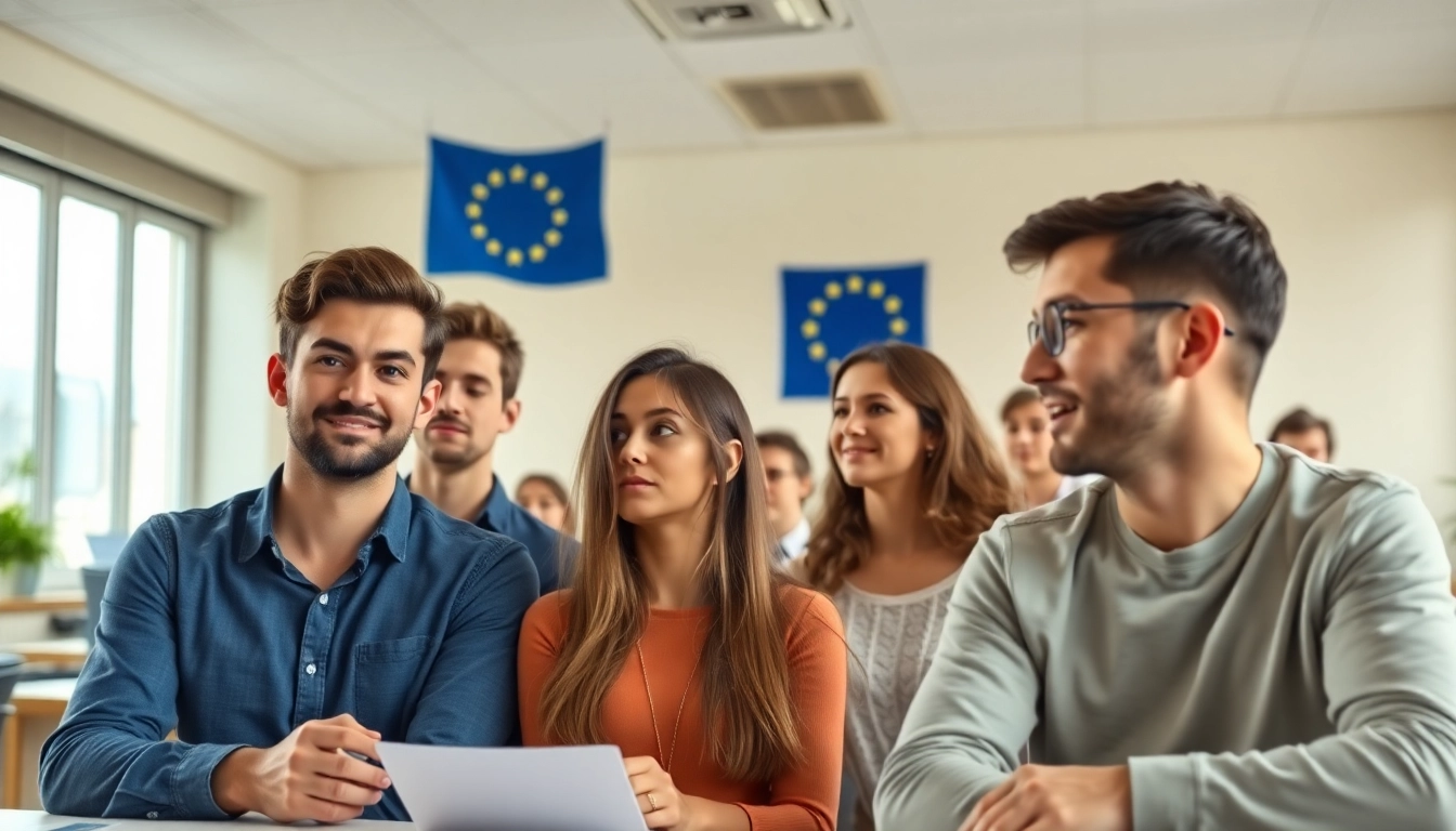 Wissen über die EU testen in einem lebendigen Quiz, das Teilnehmer in einem modernen Klassenzimmer zeigt.