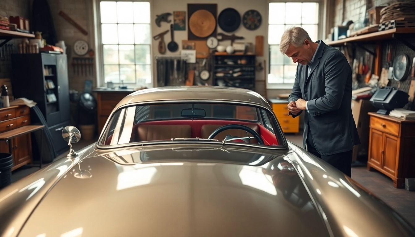 Fachmann führt Oldtimer Wertgutachten durch und inspiziert einen klassischen Wagen mit Details.