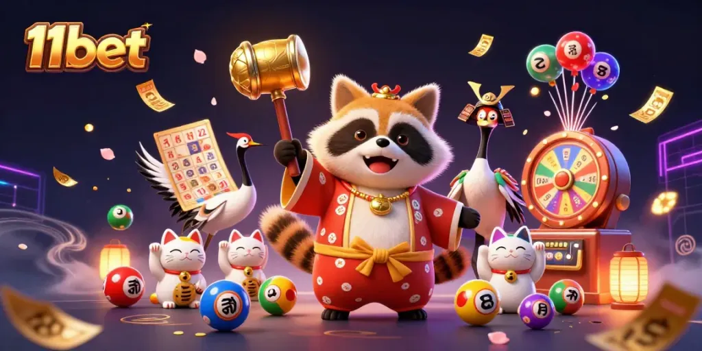 Experience excitement with 11bet's vibrant digital illustration showcasing colorful gameplay and fortune elements.