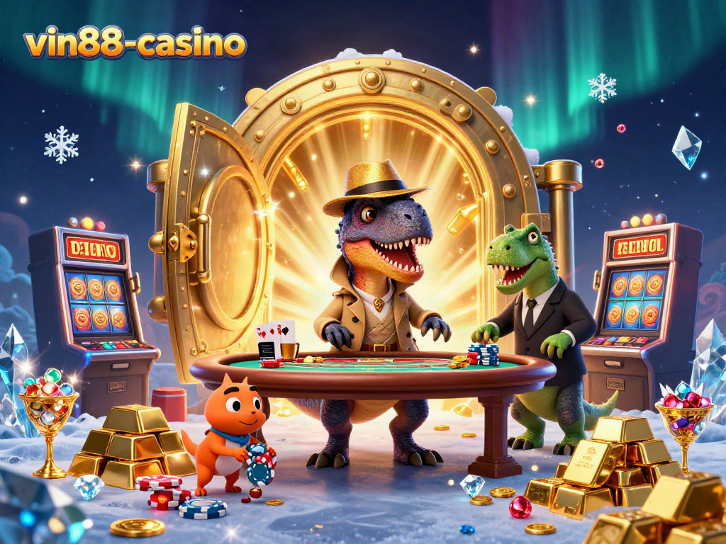 Experience thrilling gameplay at vin88-casino with 3D velociraptor card counter, blackjack table, and slot machines.