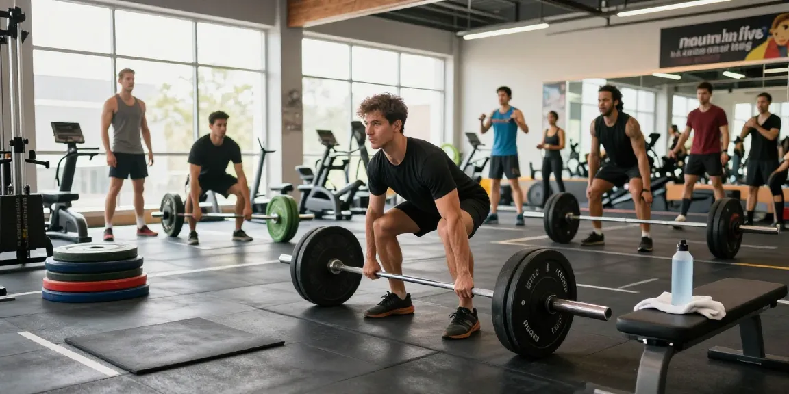 Der Anabolika Shop Deutschland zeigt eine energiegeladene Fitness-Szene mit einem Bodybuilder, der im lebhaften Fitnessstudio Kreuzheben ausführt.