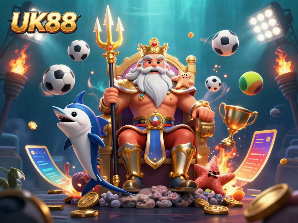 Experience the thrill of betting with UK88, showcased by the majestic sea king Neptune amidst sports action.