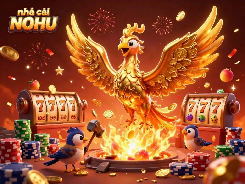 Experience thrilling wins at nhà cái NOHU with golden phoenix and slot reels surrounded by jackpot elements.
