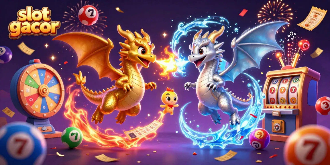 Experience the thrill of slot gacor with energetic dragons, colorful lottery elements, and vibrant confetti.