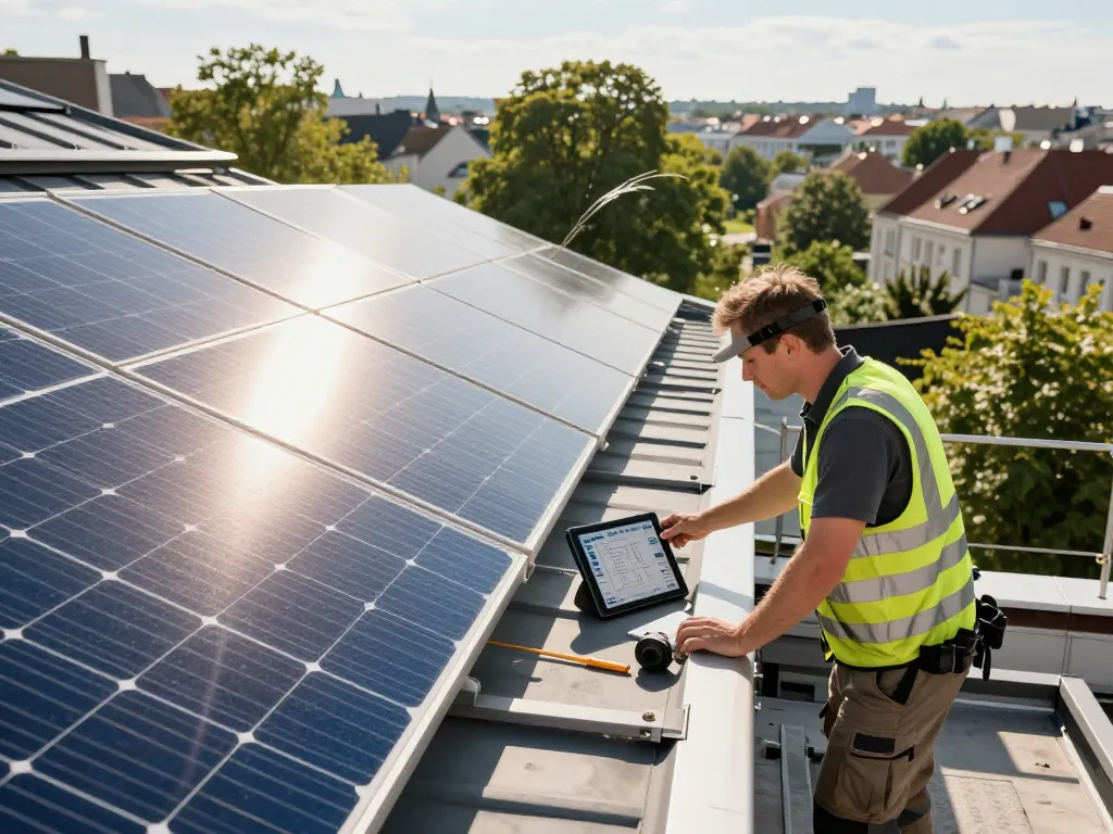 Techniker von Solar Wien, der Photovoltaik-Panels auf einem Dach installiert und erneuerbare Energie-Innovation zeigt.