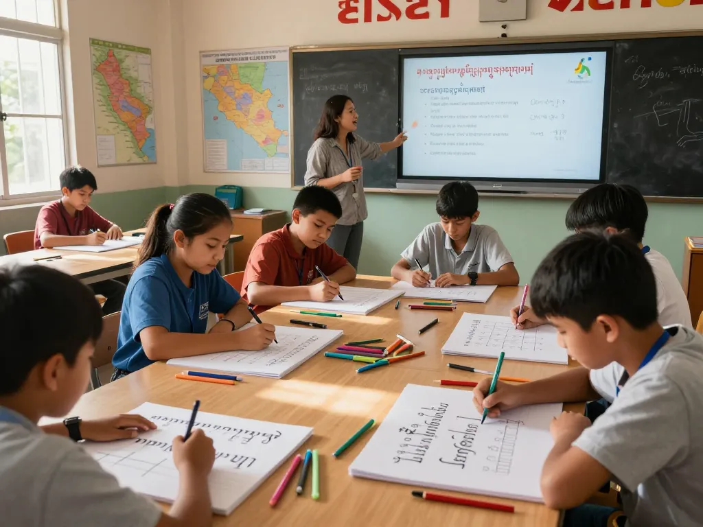 Studierende lernen die Khmer Schrift in einem lebhaften Klassenzimmer und üben das Schreiben von Zeichen.