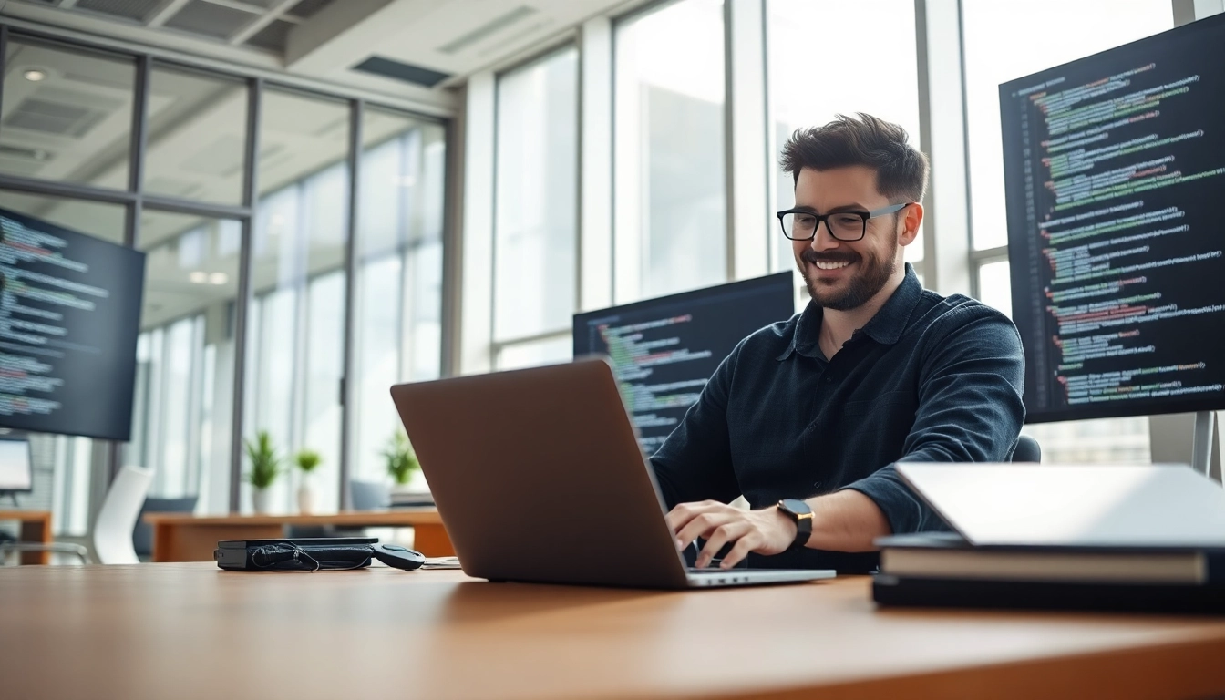Shopware Entwickler beim Arbeiten an einem Laptop in einem modernen Büro.