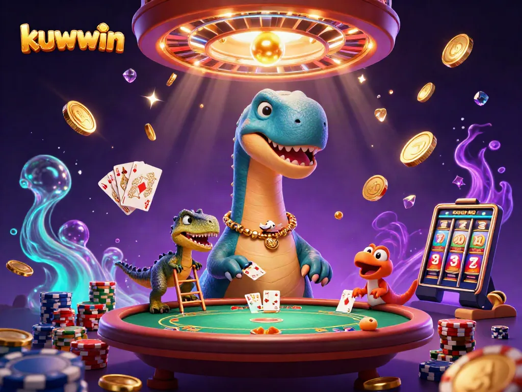 Win big at kuwwin with a spectacular cartoon casino scene featuring a giant brontosaurus and dynamic gambling elements.