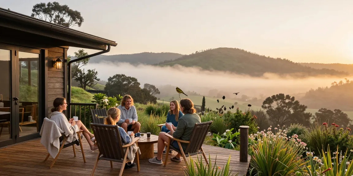 Family enjoying a peaceful morning at Magaliesburg accommodation, overlooking misty hills and nature.