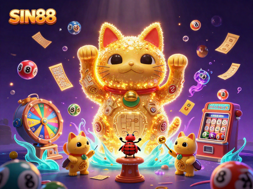 Celebrate your wins with SIN88's vibrant atmosphere featuring a lucky cat and dynamic casino symbols.