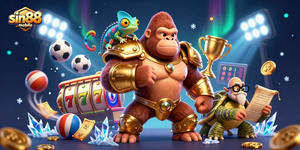Engage in thrilling gaming with sin88-mobile, featuring a dynamic 3D illustration of a powerful gorilla king and his colorful companions in a casino scene.