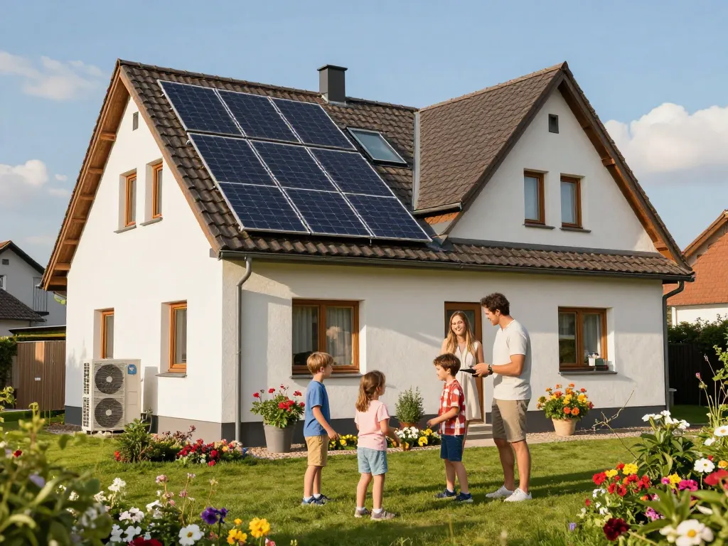 Photovoltaik Bayern - Familie erkundet Solarpanels auf einem sonnigen bayerischen Zuhause