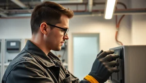 Techniker führt eine DGUV V3 Prüfung an elektrischen Geräten im Büro durch, während wichtige Anforderungen dokumentiert werden.