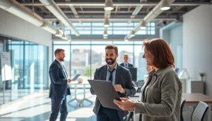 Eine inspirierende Szene von Stellenangeboten in einem modernen Arbeitsumfeld, mit glücklichen Mitarbeitern, die zusammenarbeiten.