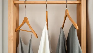 Nachhaltige kleiderbügel aus Holz, stilvoll präsentiert auf einem hellen Hintergrund mit ökologischer Note.