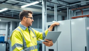 Technician performing a DGUV V3 Prüfung on electrical devices, ensuring workplace safety and compliance.