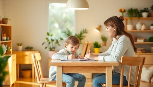 Ein Kind und ein Elternteil, die gemeinsam am Schreibtisch mit Heimunterricht arbeiten.