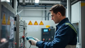 Technician performing a DGUV V3 Prüfung on electrical equipment, ensuring safety and compliance.