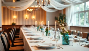 Catering-Event mit stilvoll gedecktem Tisch und frischen Speisen, um Atmosphäre und Qualität zu betonen.