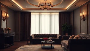 Luxury interior design showcasing a plush velvet sofa and ambient lighting for an opulent experience.