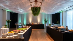 Catering-Buffet mit frischen Speisen und einladender Dekoration für ein Event.