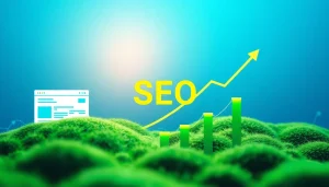 Visualisieren Sie das SEO-Ranking mit steigenden Diagrammen und Webseiten in einer digitalen Landschaft.