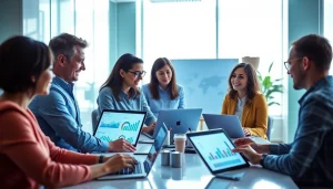 Team analyzing SEO strategies with SEO.my logo in a modern office setting.