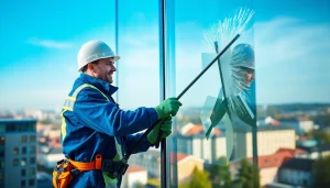 Professioneller Fensterputzer einer Reinigungsfirma Münster reinigt große Fensterflächen.