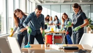 Reinigungsfirma Münster in Aktion: Professionelles Team reinigt modernes Büro gründlich.