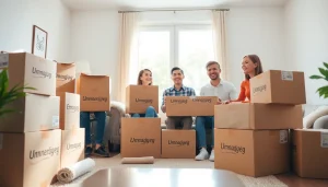 Relocating with joy during Umzug Erlangen, a family unpacks moving boxes in their new living room.