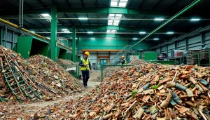 Schrottabholung Oberhausen – Mitarbeiter sortieren effizient Schrott auf einem modernen Schrottplatz.