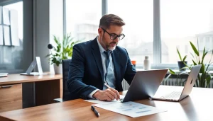 Headhunter Wuppertal berät Kunden in einem modernen Büro umgeben von Notizen und Technologien.